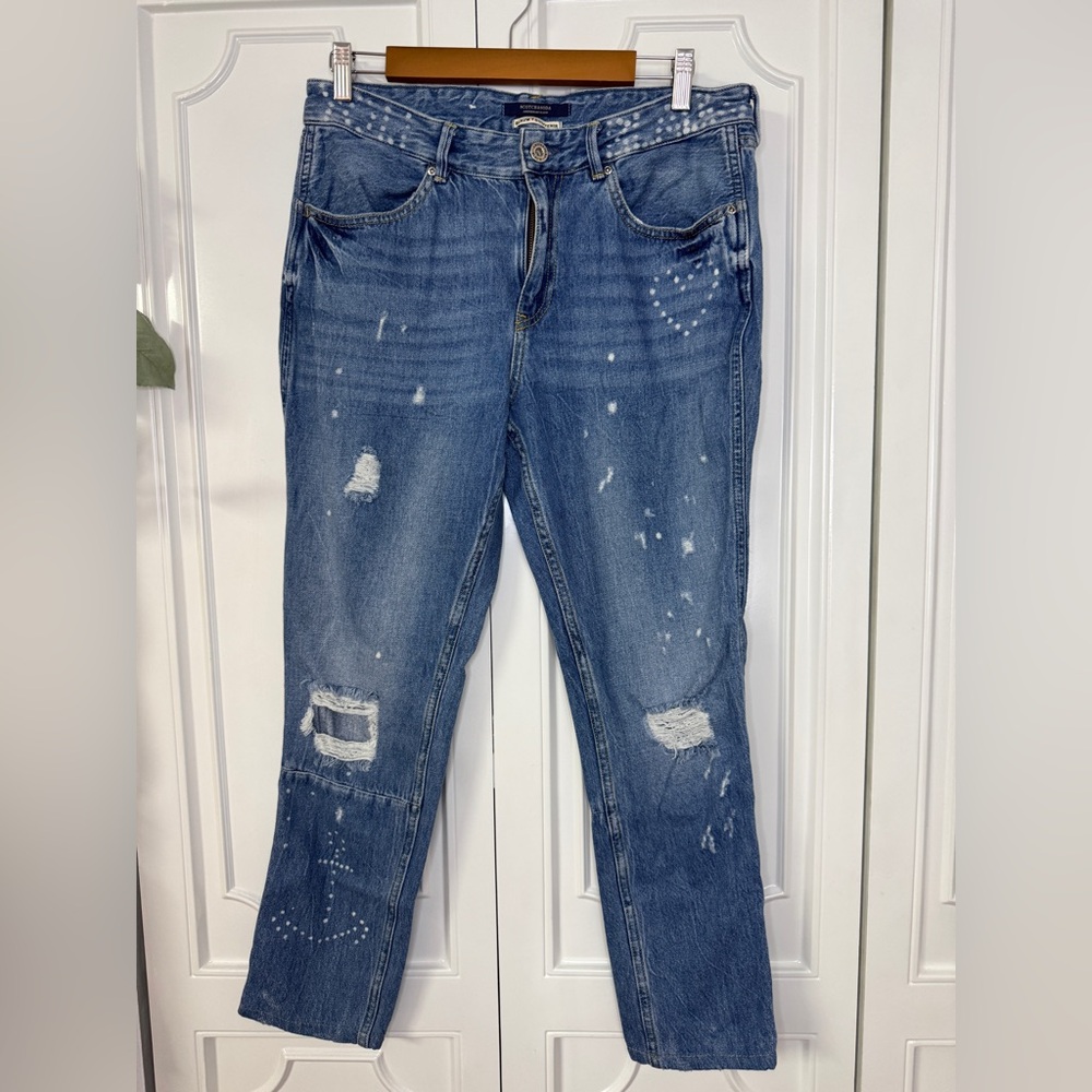 Scotch & Soda Distressed Medium Blue Straight-Leg Jeans